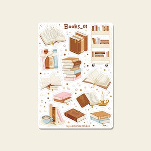 Puede incluir: Una hoja de pegatinas titulada Books_01 de nellisSketchbox que presenta varias ilustraciones de libros, incluyendo libros abiertos, pilas de libros, un carrito con ruedas lleno de libros, una taza de café y una vela, todo decorado con pequeños puntos de colores.