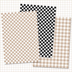 Könnte beinhalten: Drei Blätter gemustertes Papier mit einem Schachbrettmuster. Ein Blatt hat ein schwarz-weißes Schachbrettmuster, während die anderen beiden ein beige-weißes Schachbrettmuster haben. Die Blätter sind auf einem Gitterhintergrund angeordnet.