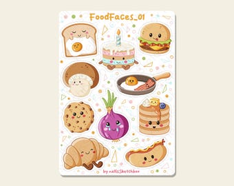 May include: A sticker sheet titled FoodFaces_01 by nellisSketchbox featuring various cartoon food items with faces, including toast with an egg, a birthday cake, a burger, a mushroom, a frying pan with bacon and egg, a cookie, an onion, pancakes, a croissant, and a hot dog.