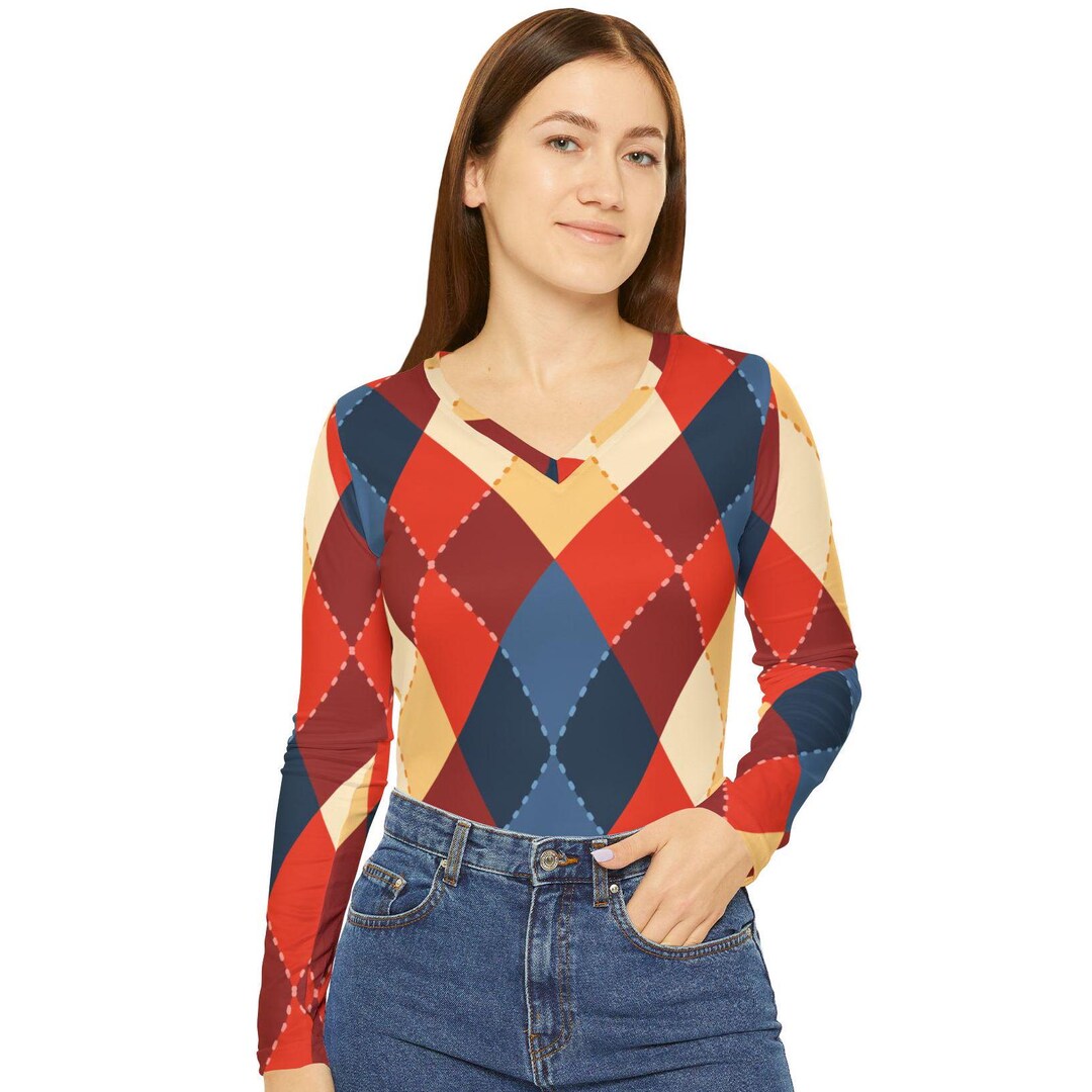Argyle V-neck Long Sleeve Shirt: Preppy Women's Top - Etsy