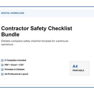 Op de afbeelding: Een digitaal download-document getiteld Contractor Safety Checklist Bundle, met een bewerkbaar veiligheidschecklist-sjabloon voor magazijnactiviteiten, inclusief 8 sjablonen in PDF, Excel en CSV met een printbare A4-indeling.