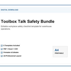 May include: A digital download titled Toolbox Talk Safety Bundle, an editable workplace safety checklist template for warehouse operations. Includes 8 templates in PDF, Excel, and CSV formats, featuring a printable A4 professional layout.
