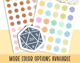 May include: Two white sticker sheets featuring rows of small 20-sided dice icons in various colors, including brown, yellow, blue, green, and pink. A single large, dark blue 20-sided die sticker is placed in the foreground. The BeeSticker logo is visible.