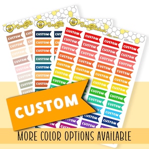 May include: A set of 10 custom banner stickers in various colours, including peach, blue, red, orange, yellow, green, and purple. The stickers feature the word "CUSTOM" in white text. The stickers are arranged in rows on a white background with a honeycomb pattern.