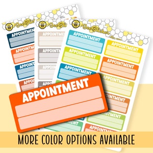 Może przedstawiać: Zestaw kolorowych, drukowanych naklejek do planera z tekstem "Appointment" w różnych kolorach, w tym pomarańczowym, niebieskim, zielonym, żółtym i beżowym. Naklejki są zaprojektowane w motywie pszczoły, a tekst "Bee Sticker" jest widoczny w górnym rogu obrazu. Tekst "More Color Options Available" znajduje się na dole obrazu.