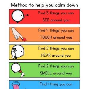 May include: A colorful chart with the numbers 5-4-3-2-1 at the top. The chart lists a method to help calm down by finding things you can see, touch, hear, smell, and taste. Each section has a simple illustration of a person interacting with the sense.