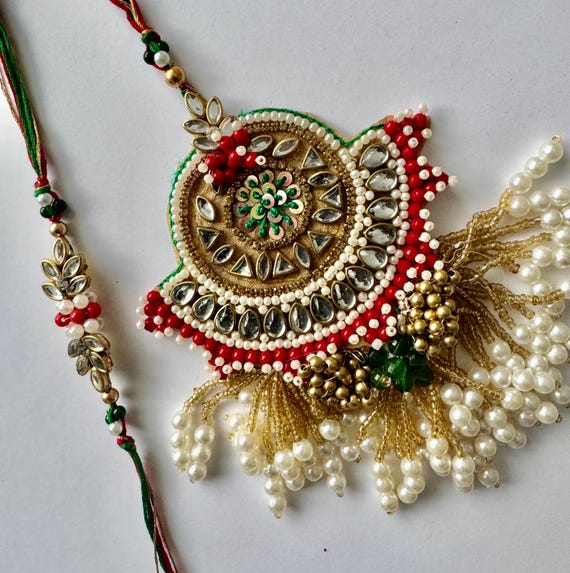 Luxury Large Stunning 2 piece His & Her Kundan and Beaded Rakhri Set, Couples Rakhri, Bhai Bhabha Set,Unique Lumba Rakhri Set,Raksha Bandhan