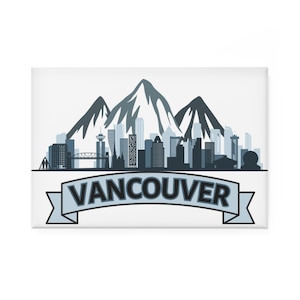 Vancouver Skyline Magnet, British Columbia Cityscape Button, Canada Souvenir Gift, Rectangle Fridge Decor, Downtown Travel Theme,