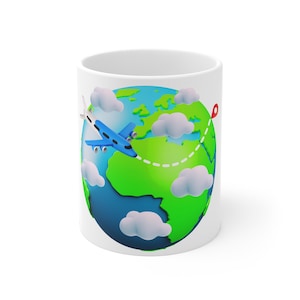 3D Worldwide Map Traveling Flight Airplane Ceramic Mug, Wanderlust Traveller Coffee Cup, Aviation Adventure Tea Mug, Pilot Globe Explorer