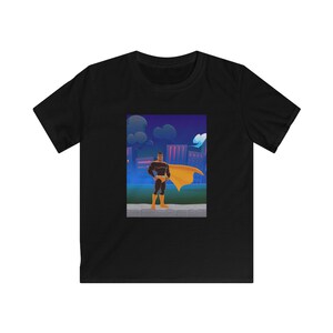 Ligne d'horizon de paysage urbain Metropolis la nuit Super-héros en dessin animé T-shirt souple enfant