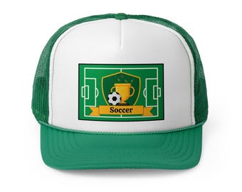 Soccer Field Golden Trophy Championship Trucker Cap, Sports Dad Hat, Soccer Fan Gift, Soccer Lover Gift, Soccer Coach Gift, Soccer