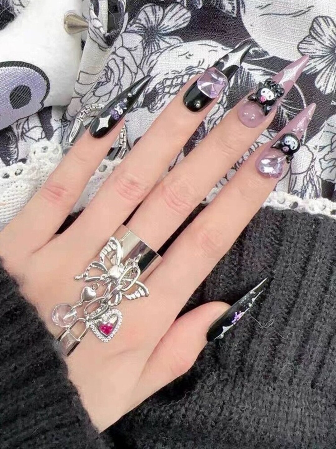 Cute Kuromi Stiletto Nails/dark Nails With 3D Heart and Rhine Stone/birthday Nails/gorgeous
