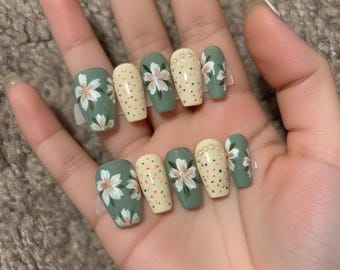 Bush green floral nails/Cute nails with little 3D bow/Medium length square shape nails/Prom, event, birthday nails/Elegant nails