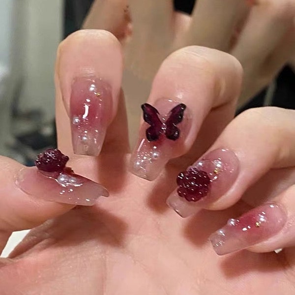 Burgundy Camellia Press On Nails/Wine red smudged pearl stick on nails /Fancy Nails/Pretty Nails/wedding Nails/Prom, event, Party Nails