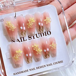 Sweet Tulip pink nails/Glossy Floral Medium Coffin Press on Nails/Party, event, prom nails/3D flower nails