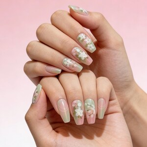 Handmade Pastel Floral Press On Nails, Pink & Green Flower Press-Ons, Long Coffin Fake Nails, Reusable Artificial Nails for Women, Nail Art