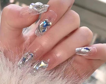 White glittering French tip coffin nails/Gorgeous nails with a variety of charms/Wedding nails/Bridal nails/party nails/Prom, event nails