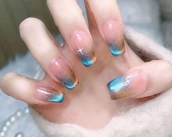 Pretty Pink coffin nails with shimmering cat eye tip/Unique dainty pink nails with blue and golden tip/Valentine’s  Nails/Sweet girl Nails