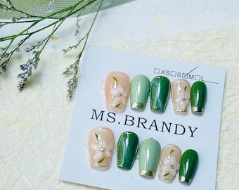 Bush green floral nails/Cute nails with little 3D flower/Medium length square shape nails/Prom, event, birthday nails/Elegant nails