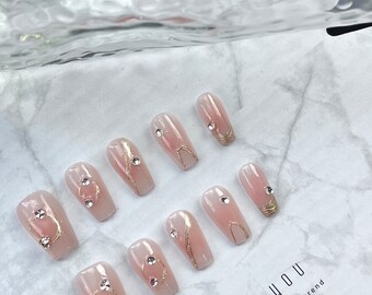 Cute blush ombre press on nails/Golen line short coffin nails/gyaru nails/gothic nails/birthday nails/free style nails