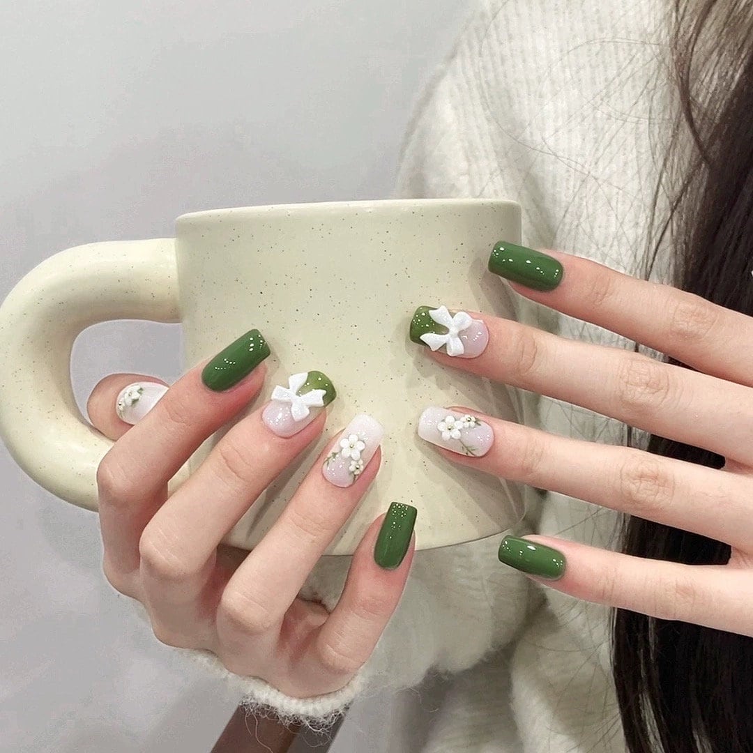 Olive Green Floral Nails with a Cute 3D Bow