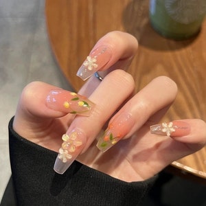 Sweet Tulip pink nails/Glossy Floral Medium Coffin Press on Nails/Party, event, prom nails/3D flower nails