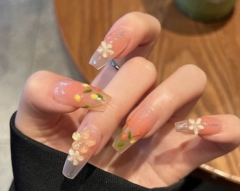 Sweet Tulip pink nails/Glossy Floral Medium Coffin Press on Nails/Party, event, prom nails/3D flower nails