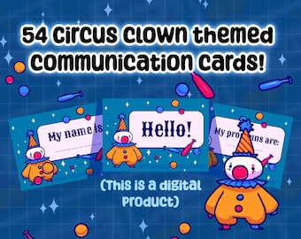 Op de afbeelding: Een digitaal product met 54 communicatiekaarten met circusclownthema. De kaarten hebben een blauwe achtergrond met een cartoonclownillustratie. Tekst op de kaarten is onder meer "My name is", "Hello!" en "My pronouns are:"