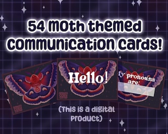 May include: Digital product featuring 54 moth-themed communication cards. The cards display a moth illustration with the text "Hello!" and "My pronouns are:". The background is a dark purple grid with stars, and the text "Jimblescosycorner" is at the bottom.