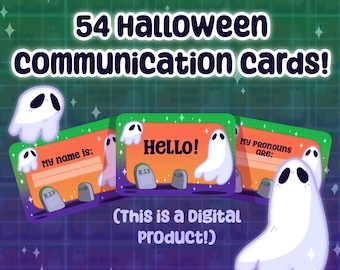 Op de afbeelding: Een set van 54 Halloween communicatiekaarten met een spookachtig thema. De kaarten bevatten een spookillustratie, oranje en groene achtergronden en de tekst "My name is:" en "My pronouns are:". De zin "HELLO!" wordt ook weergegeven. Het product is digitaal.
