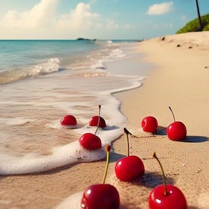 May include: Red cherries on a sandy beach with white foamy waves. The cherries are scattered on the sand and some are partially submerged in the water.