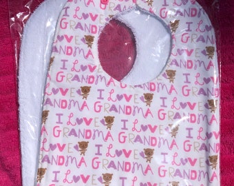 I Love Grandma/White Terry…Absorbent, Cotton, Double-sided, Reversible Terrycloth with Snap closure Baby Bib