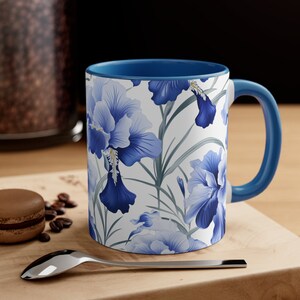 Blue Iris Mug, Blue Iris Gift For Iris Lovers, Birthday, Iris Gifts, watercolor, Iris pattern, blue Iris cup, Ceramic Mug 11oz
