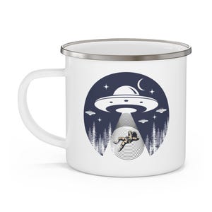Enamel Camping Mug, Alien Abduction UFO Humor Camp Cup, Beamed Up Astronaut, Gift for Sci-Fi Fans, Outdoor Adventure Drinkware, Funny