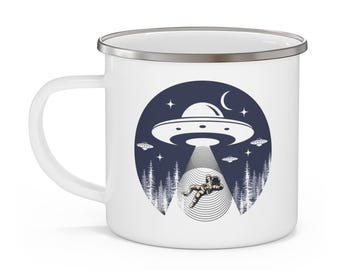 Alien Abduction Enamel Camping Mug, UFO Sci-Fi Cup
