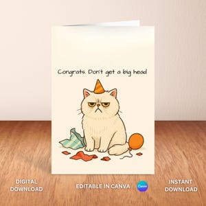 Carte d'anniversaire drôle de chat grincheux à imprimer | Carte de félicitations | de Carte de voeux sarcastique | Toile modifiable | Téléchargement instantané