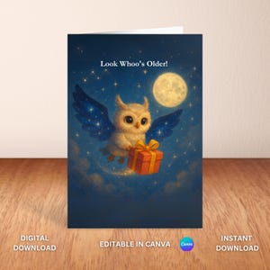 Lustige Eulen Geburtstagskarte zum Ausdrucken | Schau wer schon älter ist | Bearbeitbare Grußkarte Vorlage | Canva Sofortiger Download | Himmlische Eule Digital