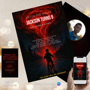 Könnte beinhalten: Eine Geburtstagseinladung mit rotem und schwarzem Thema. Die Einladung lautet "Jackson Turns 9" mit Veranstaltungsdetails. Eine passende Rückseite und eine Bonus-Dankeskarte sind enthalten. Das Design zeigt ein Kind auf einem Fahrrad.