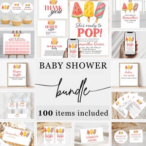 Editable She&#39;s Ready to Pop Baby Shower Bundle,Pink Popsicle Baby Shower Invitation Pack, Girl Summer  Games, Ready to Pop Package, BBS107