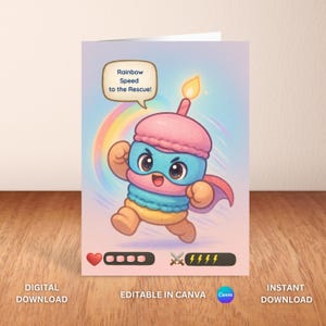 Macaron Blitz druckbare Karte | Niedlicher Superheld Digital Download | Regenbogen Food Hero | Sofortiger Download Kunst | Hero Info Rückseite & Zeichnung im Inneren