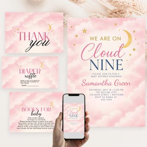 Editable On Cloud 9 Baby Shower Invitation Bundle, Pink Cloud Nine Baby Shower Invite Pack, Girl We&#39;re on Cloud Nine Shower Invite, BBS106