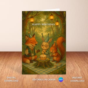 Waldtier Geburtstagskarte zum Ausdrucken | Waldfreunde Grußkarte | Sofortdownload | Fuchs Kaninchen Eichhörnchen | Bearbeitbare Vorlage Canva