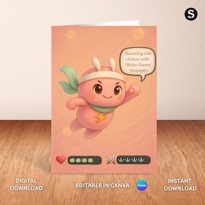 Cartão de super-herói fofo Mochi Marvel | Cartão de aniversário editável para impressão | Modelo Canva | Download instantâneo | Informações do herói no verso e desenho dentro