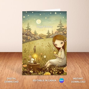 Zauberhaftes Waldland Geburtstagskarte zum Ausdrucken | Märchenwald | Bearbeitbare Grußkarte Vorlage | Canva Sofort-Download | Kaninchen & Mädchen Kunst