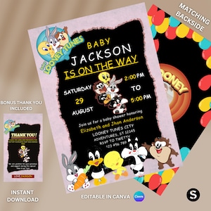 Babyshower gepersonaliseerde kaart bewerkbare uitnodigingsbundel digitale kaart Looney Tunes thema Evite afdrukbare Canva cadeau-idee kind kinderen jongen meisje