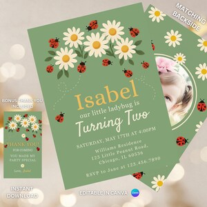 Editable Little Ladybug Birthday Invitation, Red Lady Bug Girl Birthday Invite, Daisy Flower Ladybug Insect Birthday Party Invite, BBS 337