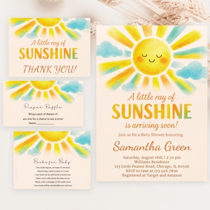 Editable Sunshine Baby Shower Invitation Set, A Little Ray of Sunshine Baby Shower Invite, Girl/Boy Sun Baby Shower Boho Sunshine Shower