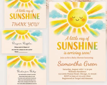 May include: A baby shower invitation featuring a watercolour illustration of a sun with a smiling face. The text reads "A little ray of sunshine is arriving soon!" and includes the name Samantha Green, the date, time, and location of the shower. The invitation also includes information about RSVP and gift registry.