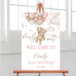 Editable Brown Bear Balloon Baby Shower Welcome Sign, We Can Bearly Wait Baby Shower Poster, Pink Boho Bear Girl Baby Shower Decor, BBS334