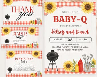 May include: Baby-Q themed invitation and cards. The invitation features a red and white checkered pattern, sunflowers, and a barbecue grill illustration. The cards include "Thank You", "Diaper Raffle", and "Books for Baby" text.